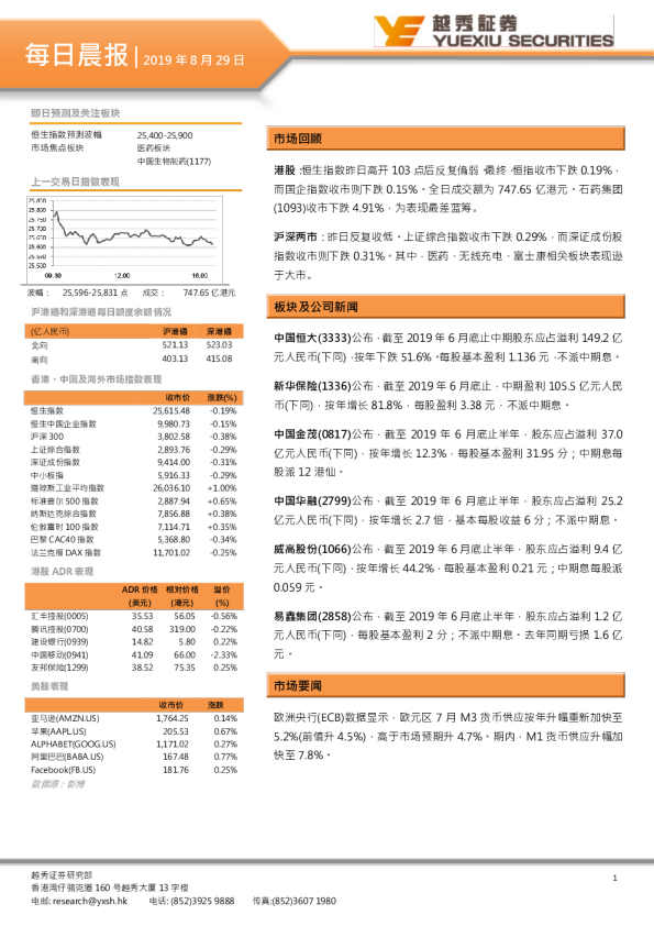 越秀证券每日晨报