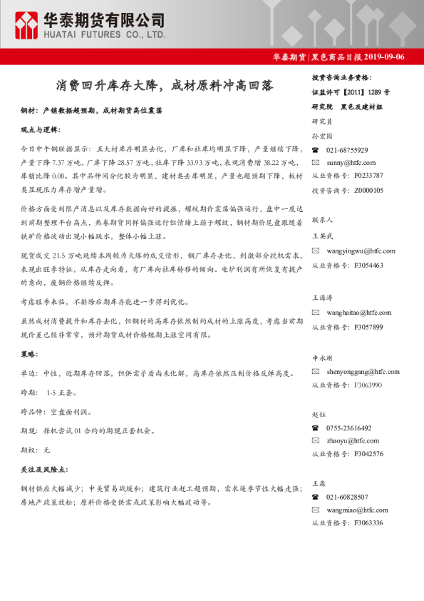 消费回升库存大降，成材原料冲高回落钢材