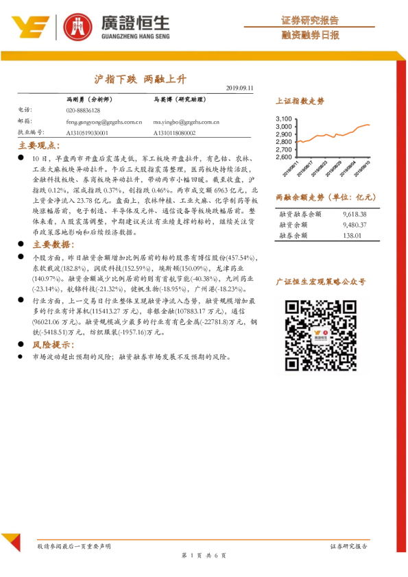 融资融券日报：沪指下跌，两融上升