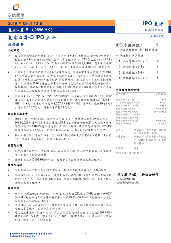 IPO点评：复宏汉霖-B