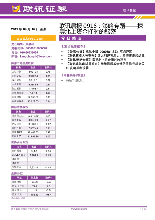 联讯晨报：策略专题：探寻北上资金择时的秘密