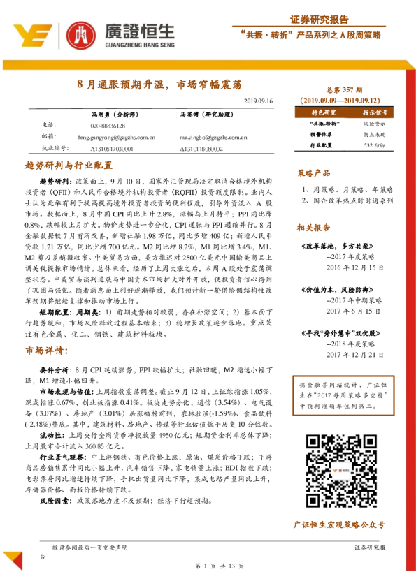 8月通胀预期升温，市场窄幅震荡