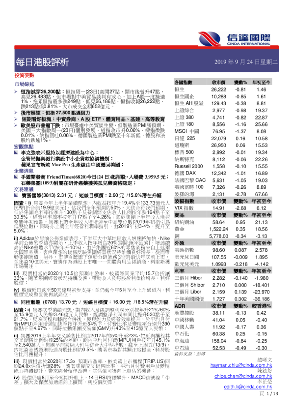每日港股评析