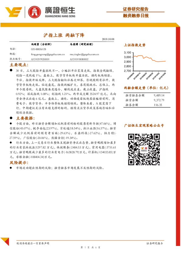 融资融券日报：沪指上涨 两融下降