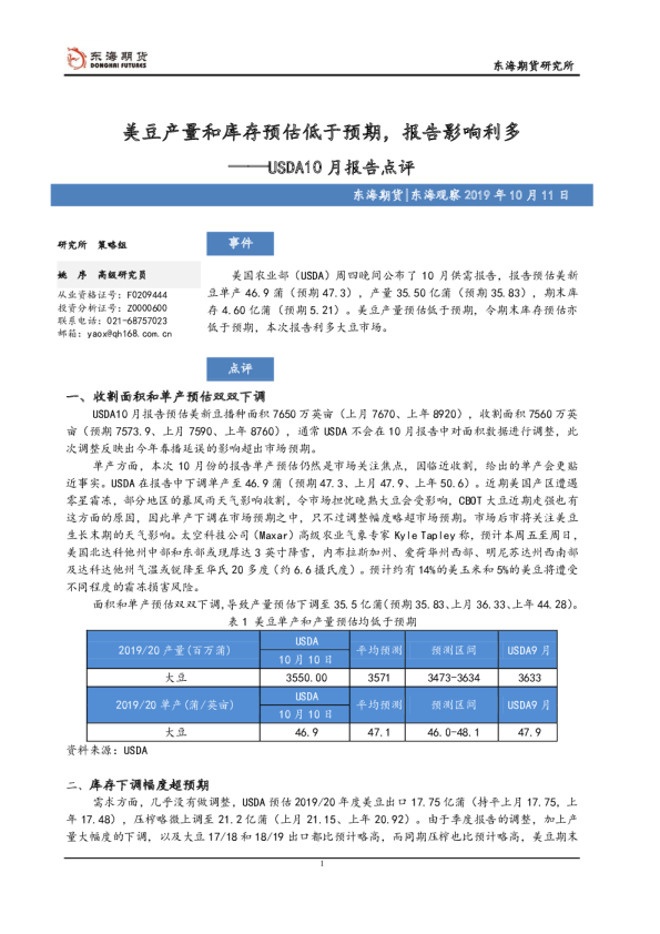 USDA10月报告点评：美豆产量和库存预估低于预期，报告影响利多