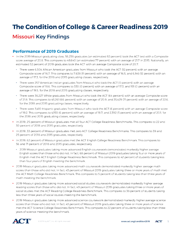The Condition of College and Career Readiness 2019 - Missouri