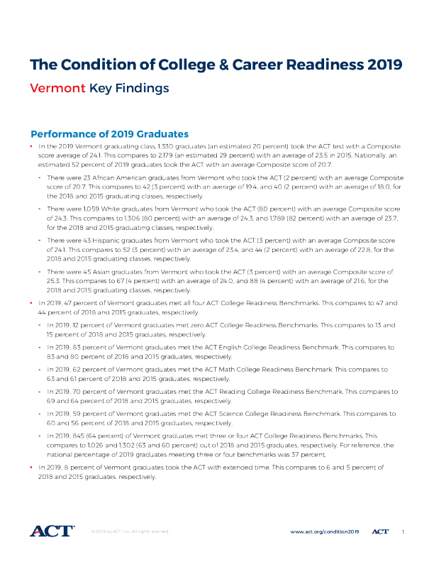 The Condition of College and Career Readiness 2019 - Vermont
