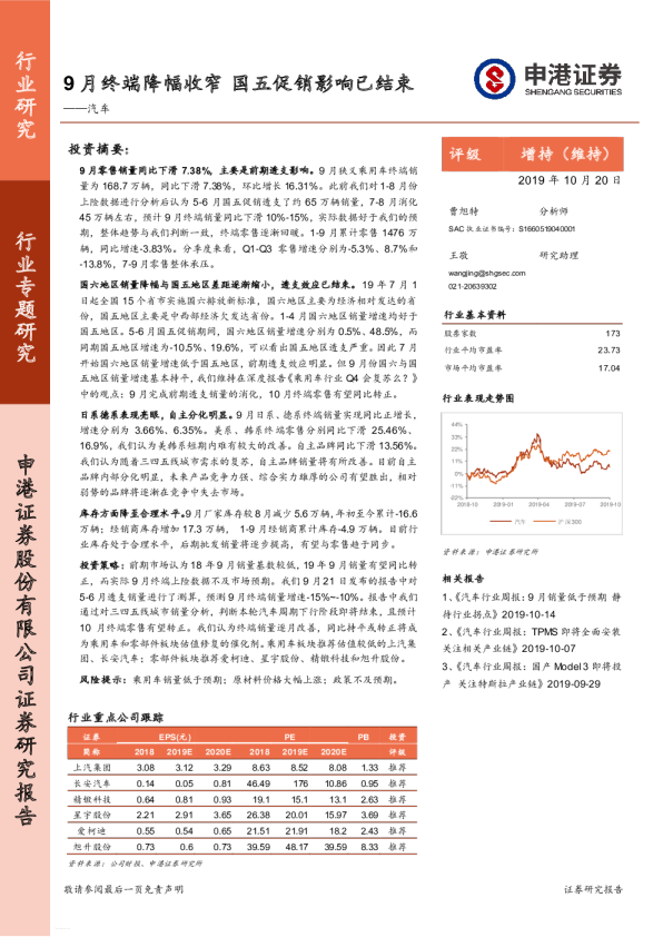 汽车行业：9月终端降幅收窄，国五促销影响已结束