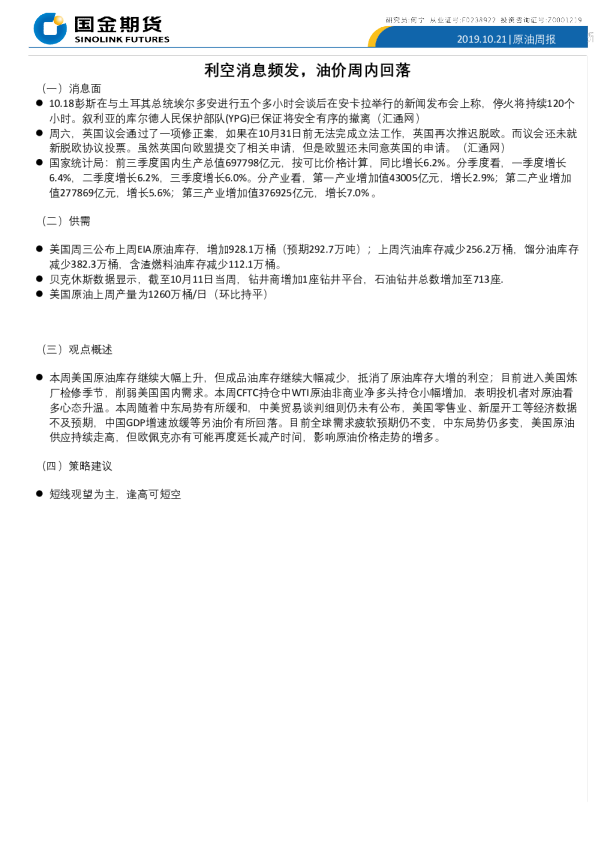 原油周报：利空消息频发，油价周内回落