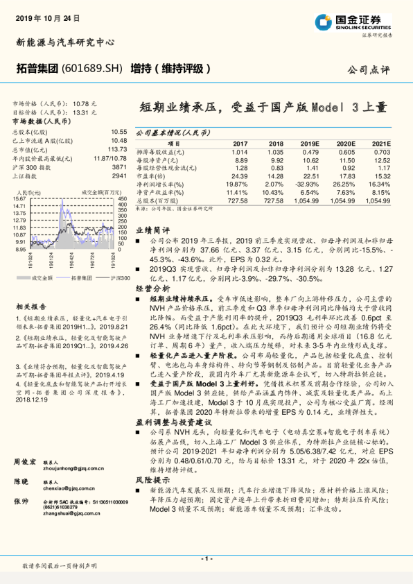 短期业绩承压，受益于国产版Model3上量