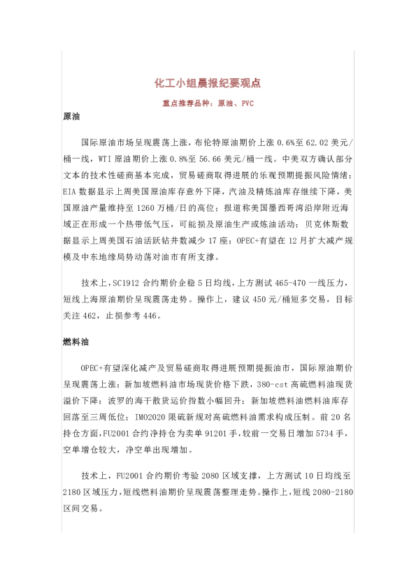 化工小组晨报纪要观点重点推荐品种：原油、PVC