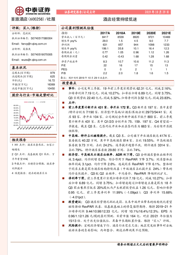 酒店经营持续低迷