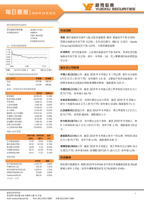越秀证券每日晨报