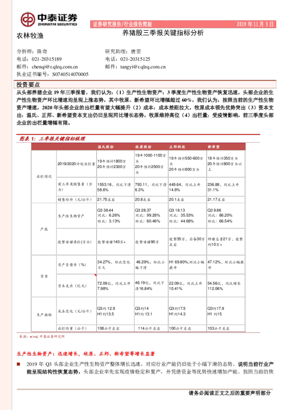 养猪股三季报关键指标分析