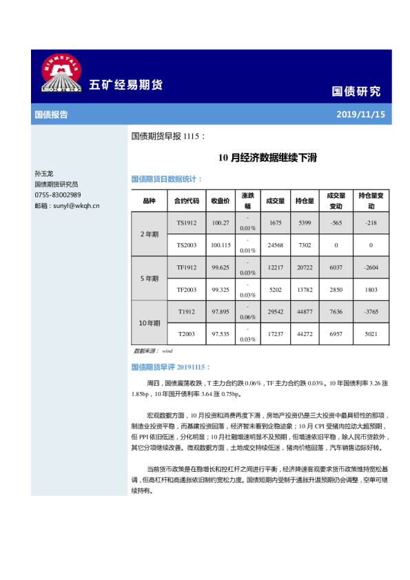 国债期货早报：10月经济数据继续下滑