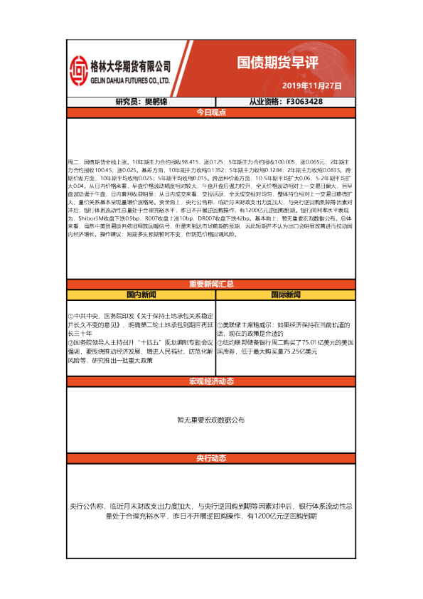 格林期货国债期货早评
