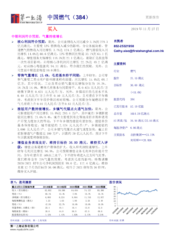 中期利润符合预期，气量持续增长