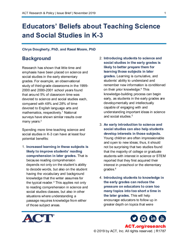 Educators' Beliefs about Teaching Science and Social Studies in K-3