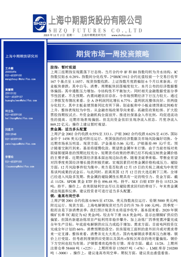 期货市场一周投资策略