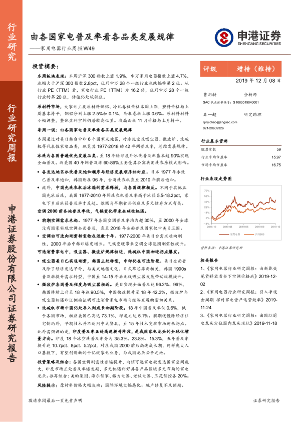 家用电器行业周报W49：由各国家电普及率看各品类发展规律