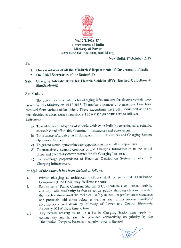 Charging Infrastructure Guidelines for EVs, Ministry of Power, 2019