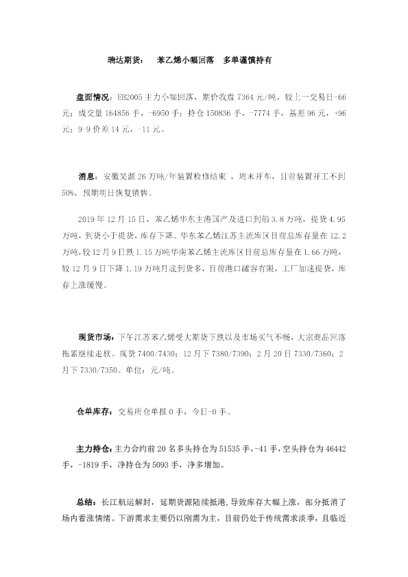 苯乙烯小幅回落 多单谨慎持有