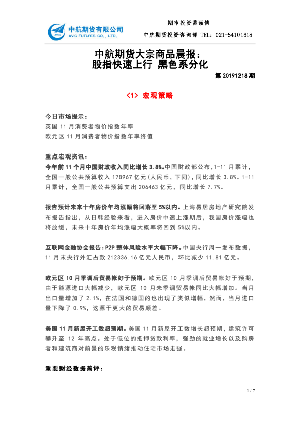 中航期货大宗商品晨报：股指快速上行，黑色系分化
