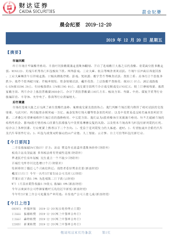 财达证券晨会纪要