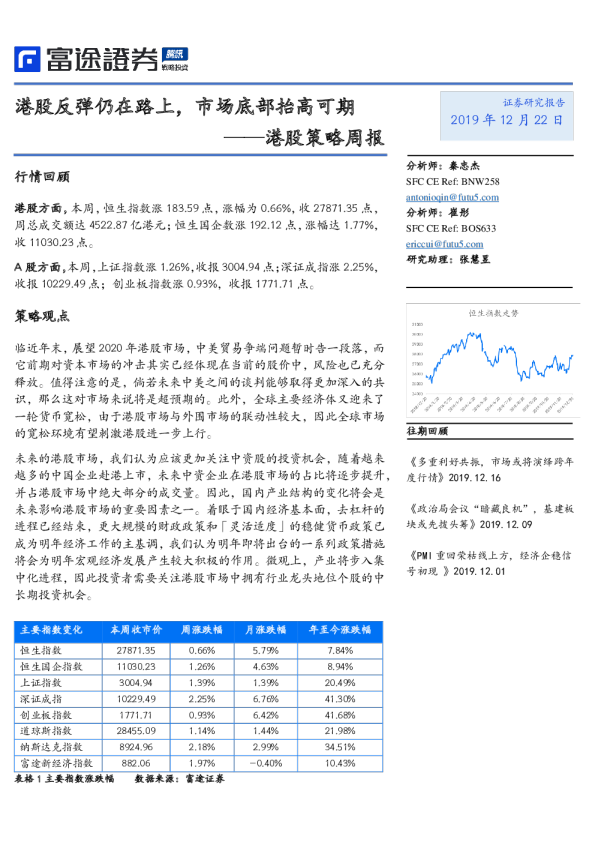 港股策略周报：港股反弹仍在路上，市场底部抬高可期