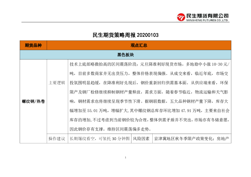 民生期货策略周报