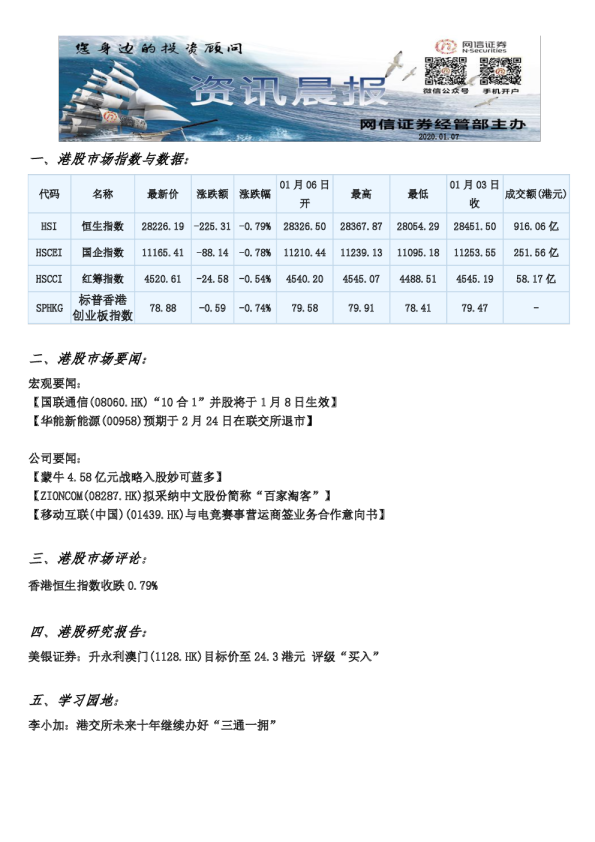 网信证券港股资讯晨报