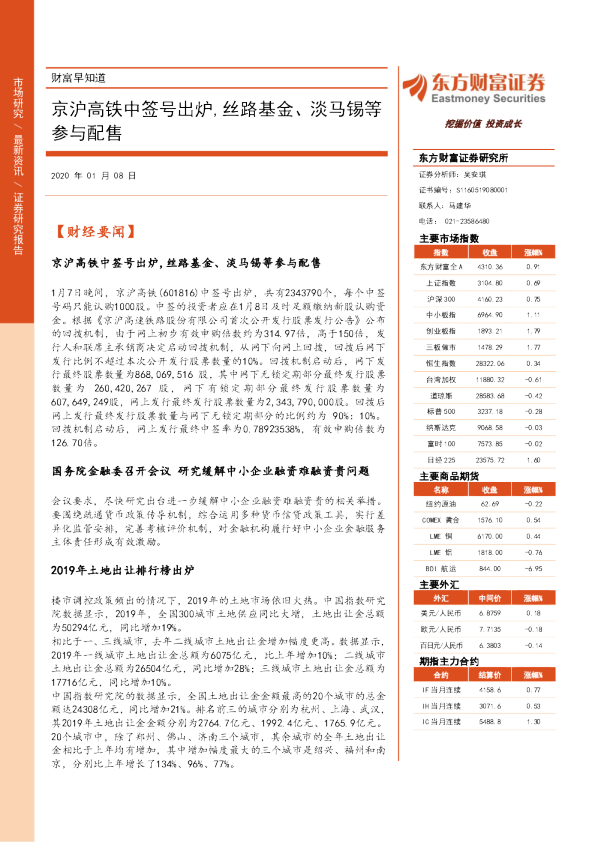 财富早知道：京沪高铁中签号出炉，丝路基金、淡马锡等参与配售