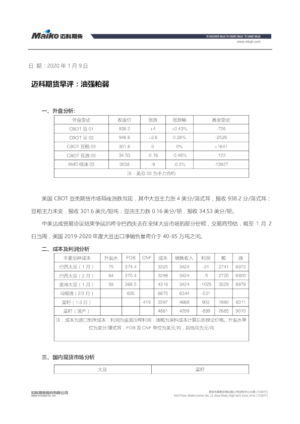 迈科期货早评：油强粕弱