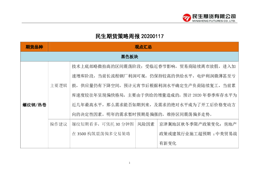 民生期货策略周报