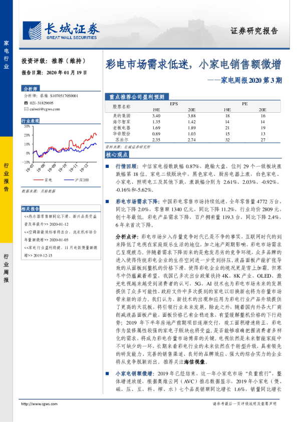 家电行业周报2020第3期：彩电市场需求低迷，小家电销售额微增