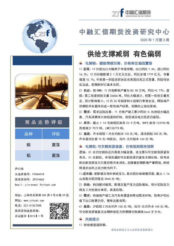 供给支撑减弱，有色偏弱