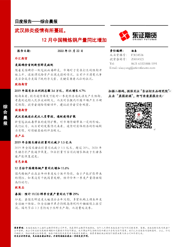 武汉肺炎疫情有所蔓延，12月中国精炼铜产量同比增加