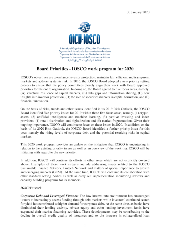Board Priorities - IOSCO work program for 2020
