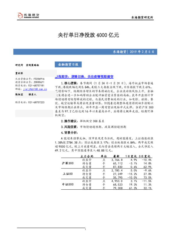 金融期货日报：央行单日净投放4000亿元