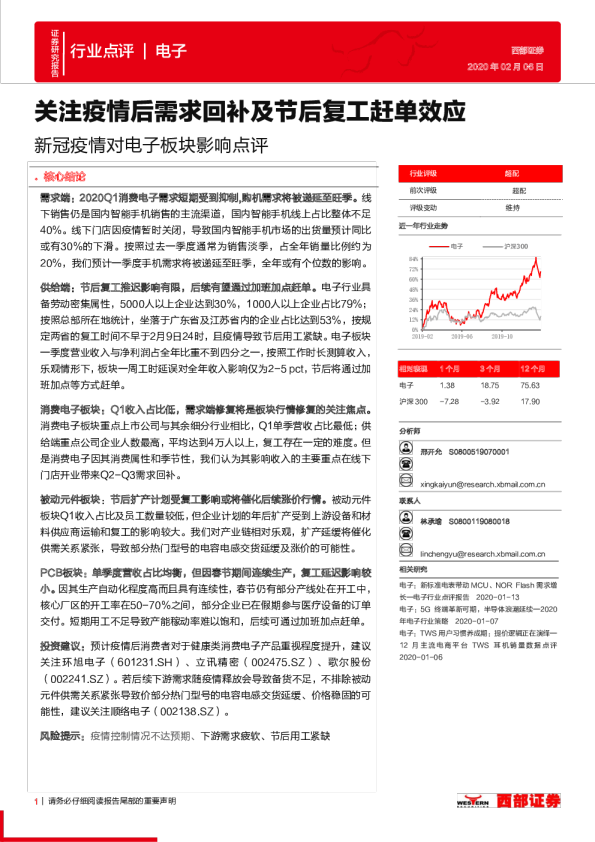 新冠疫情对电子板块影响点评：关注疫情后需求回补及节后复工赶单效应