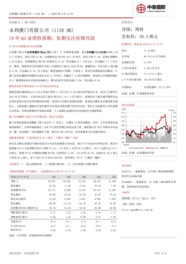 19年Q4业绩胜预期；短期关注疫情风险