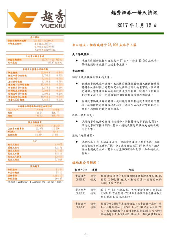 越秀证券：每天快讯