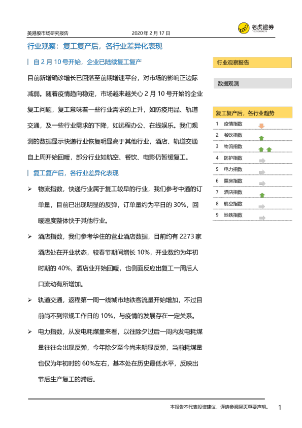 美港股市场研究报告：行业观察，复工复产后，各行业差异化表现