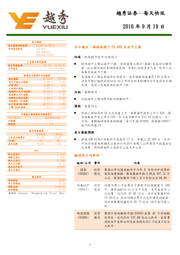 越秀证券：每天快讯