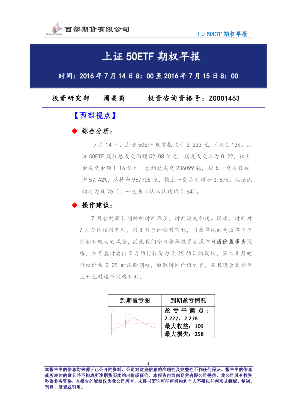 西部期货上证50ETF期权早报