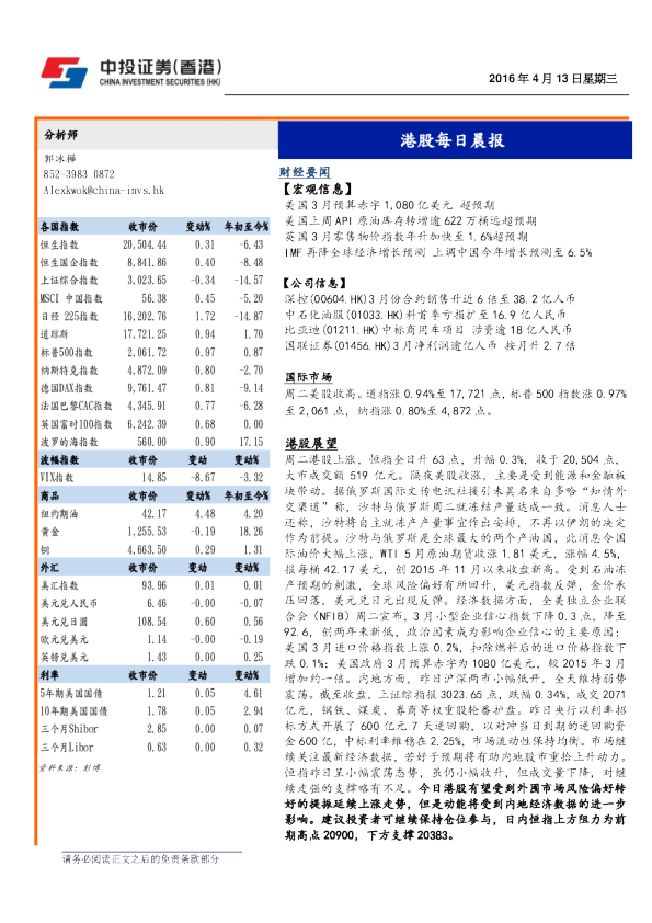中投证券（香港）港股每日晨报