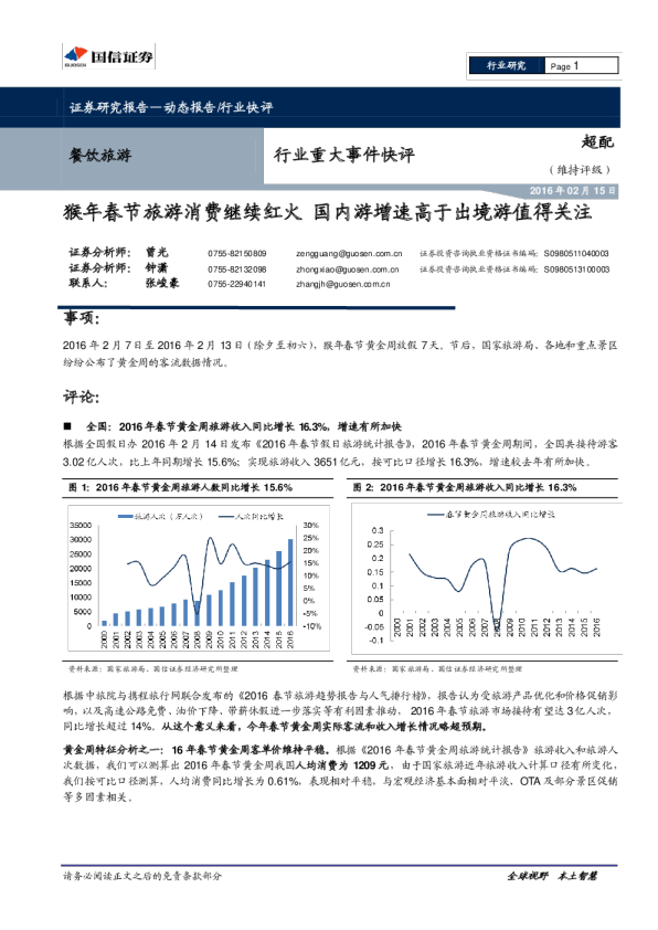 猴年春节旅游消费继续红火，国内游增速高于出境游值得关注