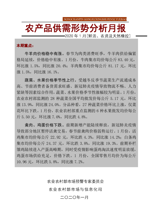 2020年1月鲜活农产品供需形势分析月报