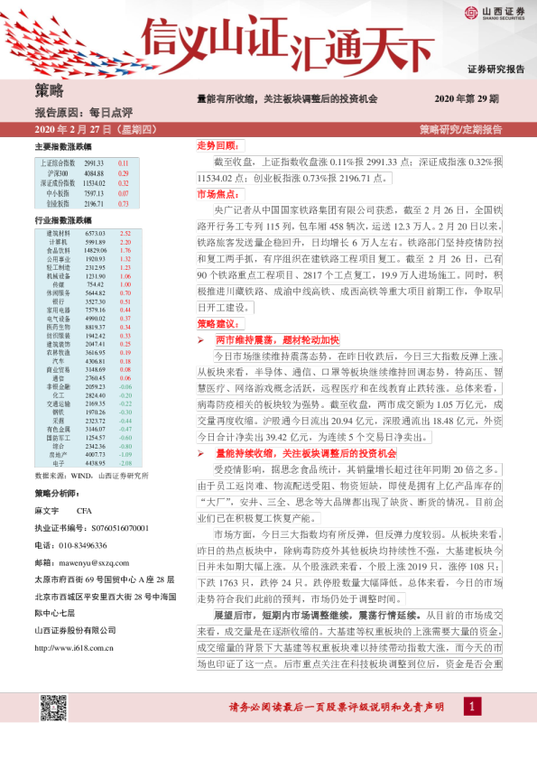策略每日点评2020年第29期：量能有所收缩，关注板块调整后的投资机会