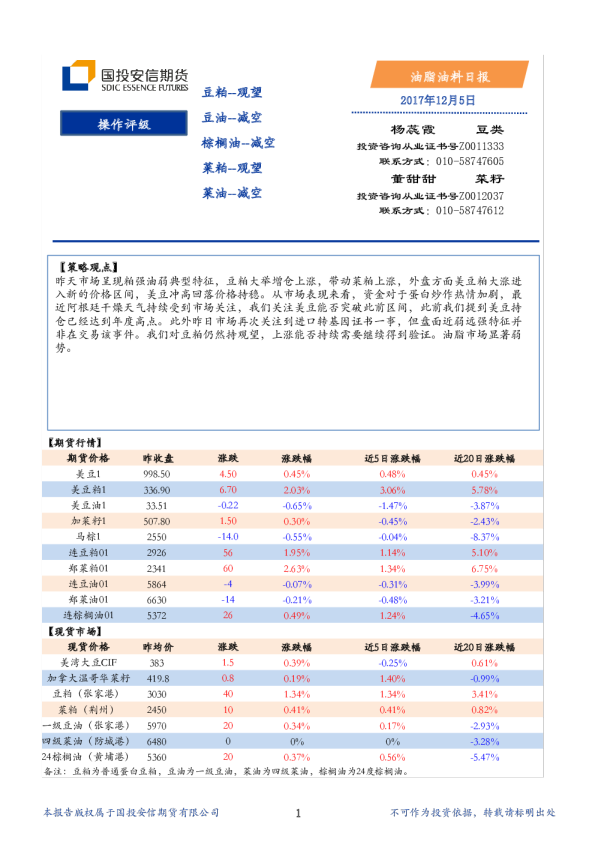 国投安信期货油脂油料日报